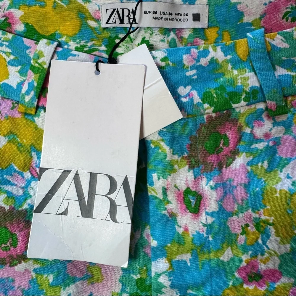 NWT Zara Multicolor Floral Cropped Mini Flare Size 4 Linen Blend Pants